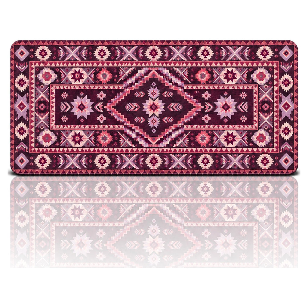Mürdüm kilim desenli 90x40 oyuncu mouse pad, mürdüm zeminde pembe-lila yıldız motifli tasarım, önden görünüm
