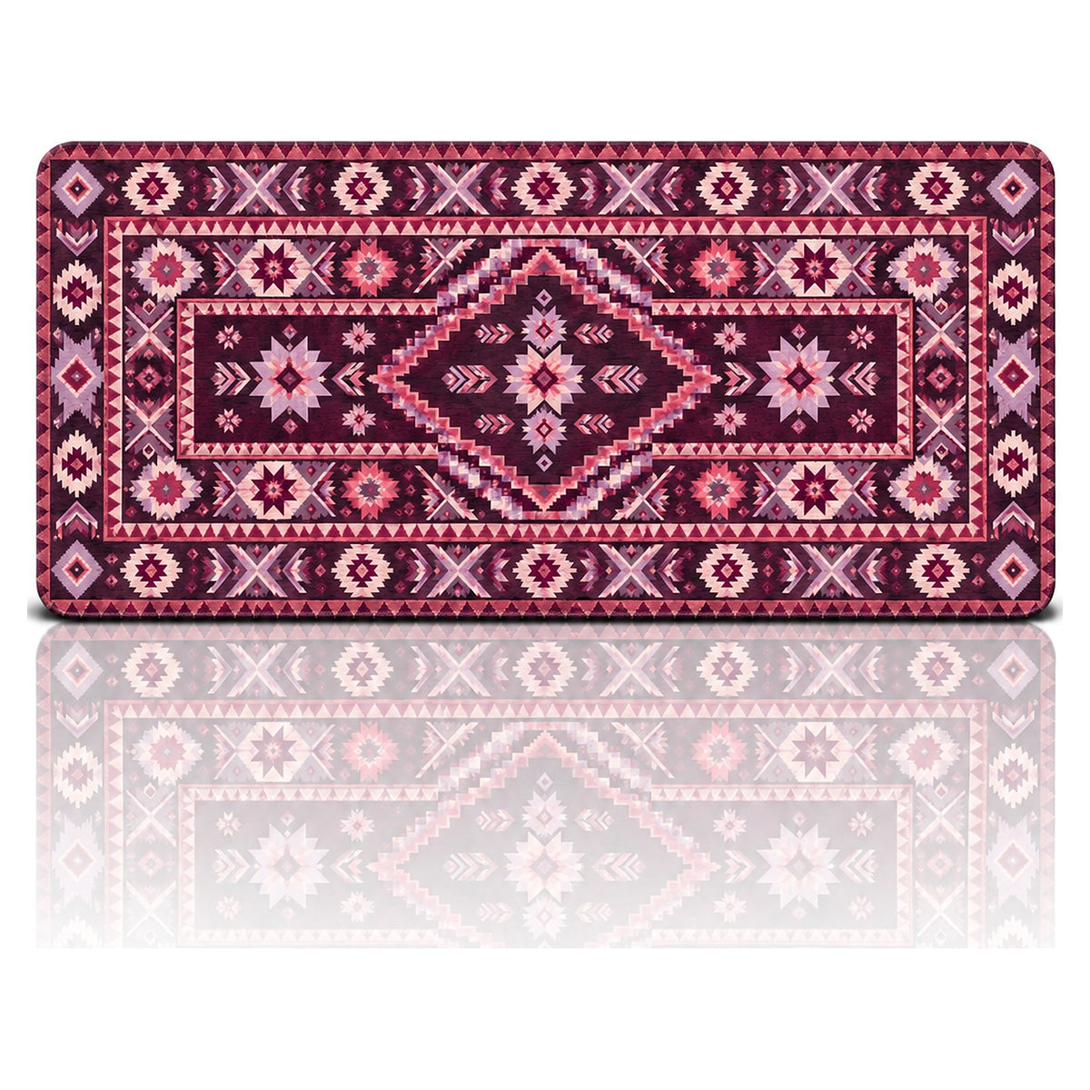 Mürdüm kilim desenli 90x40 oyuncu mouse pad, mürdüm zeminde pembe-lila yıldız motifli tasarım, önden görünüm
