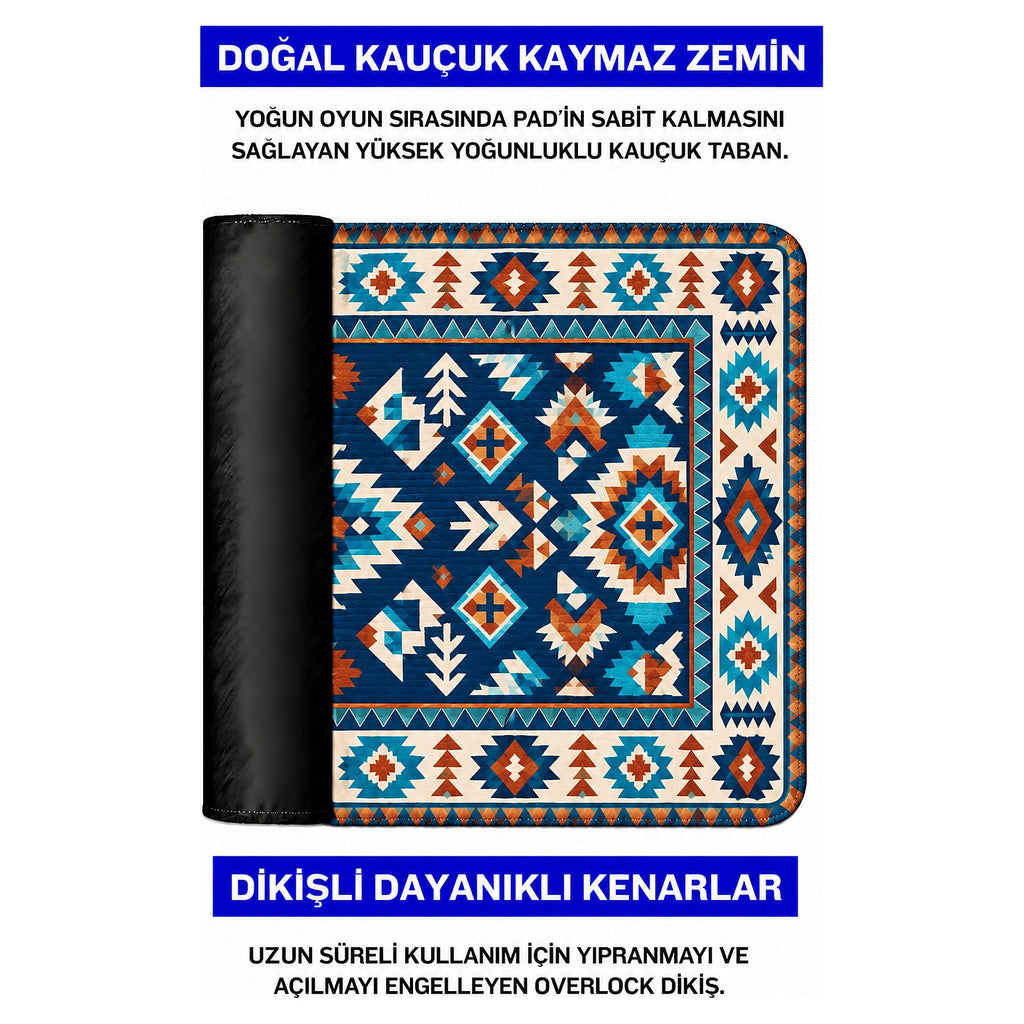 Turkuaz kilim desenli mouse pad doğal kauçuk kaymaz taban ve dikişli kenar detayı