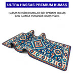 Turkuaz kilim desenli mouse pad kumaş yüzeyi, esnek yapı ve süblimasyon baskı detayı