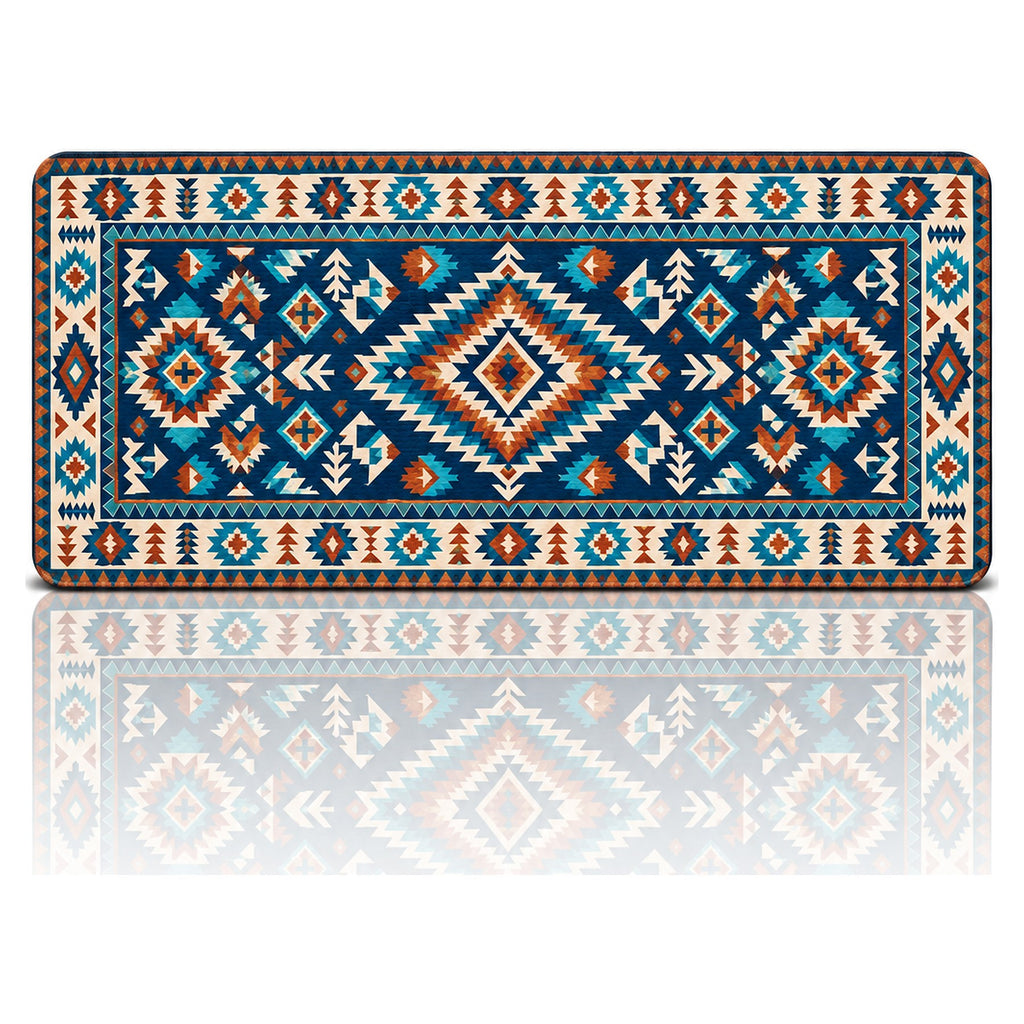 Turkuaz kilim desenli 90x40 oyuncu mouse pad, lacivert-turkuaz göbek motifli tasarım, önden görünüm