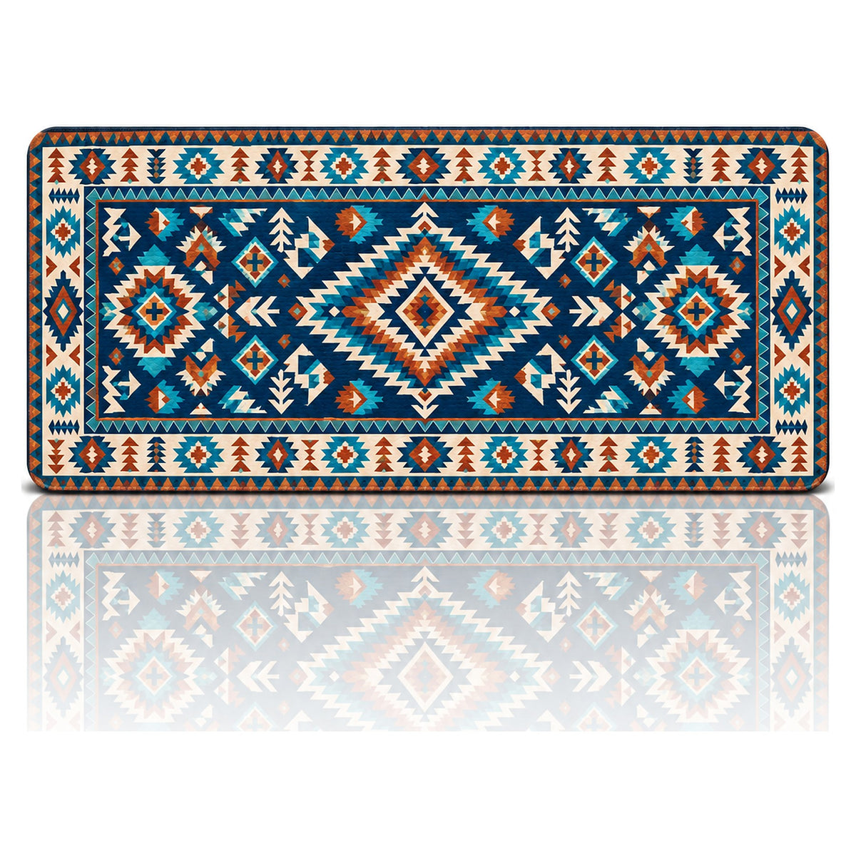 Turkuaz kilim desenli 90x40 oyuncu mouse pad, lacivert-turkuaz göbek motifli tasarım, önden görünüm