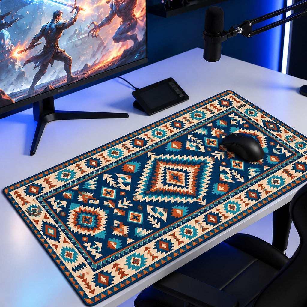 Turkuaz kilim desenli 90x40 oyuncu mouse pad, oyun masasında monitör ve mouse ile kullanım