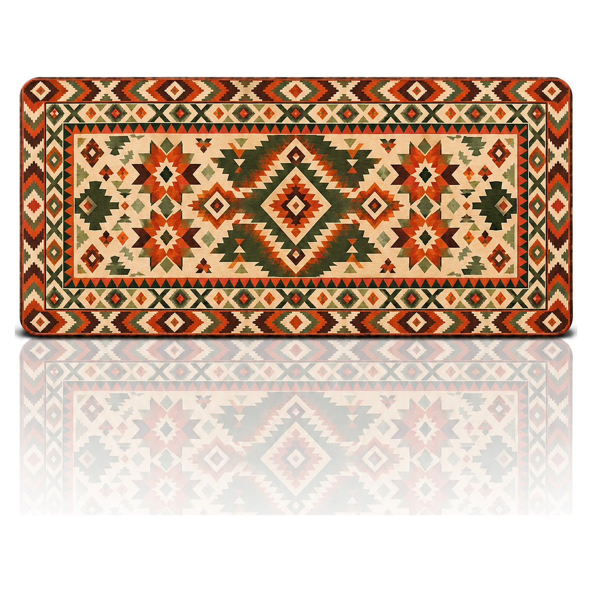 Zeytin kilim desenli 90x40 oyuncu mouse pad, krem zeminde zeytin yeşili göbek motifli tasarım, önden görünüm