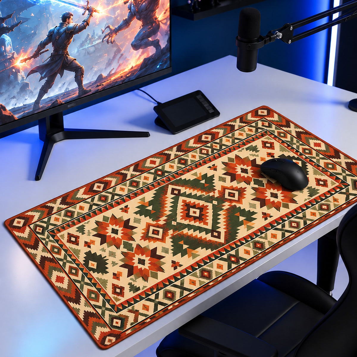 Zeytin kilim desenli 90x40 oyuncu mouse pad, oyun masasında monitör ve mouse ile kullanım