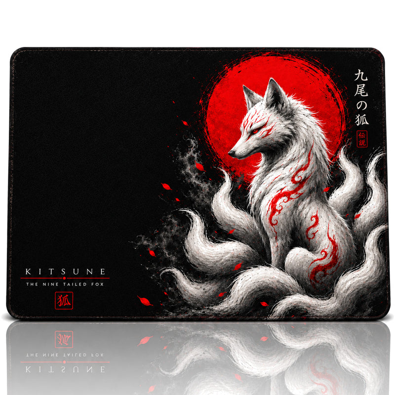 Kitsune 50x40 cm Oyuncu Mouse Pad — Dokuz Kuyruklu Beyaz Tilki Desenli, Kauçuk Taban, Dikişli Kenar