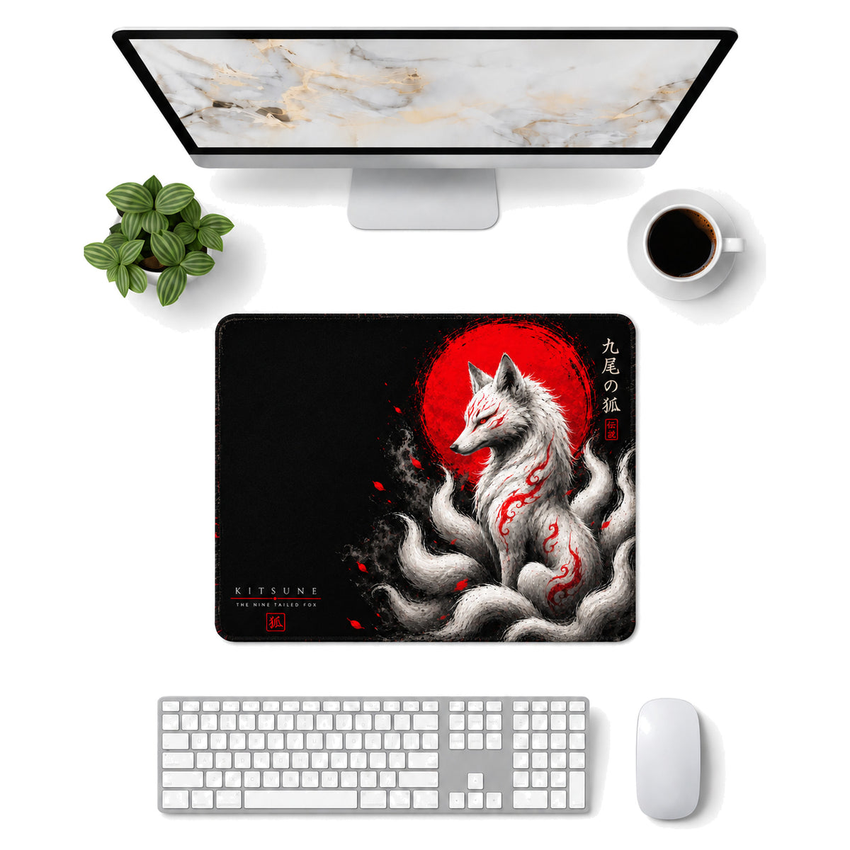 Kitsune 50x40 cm oyuncu mouse pad – masa üstü kullanım görünümü