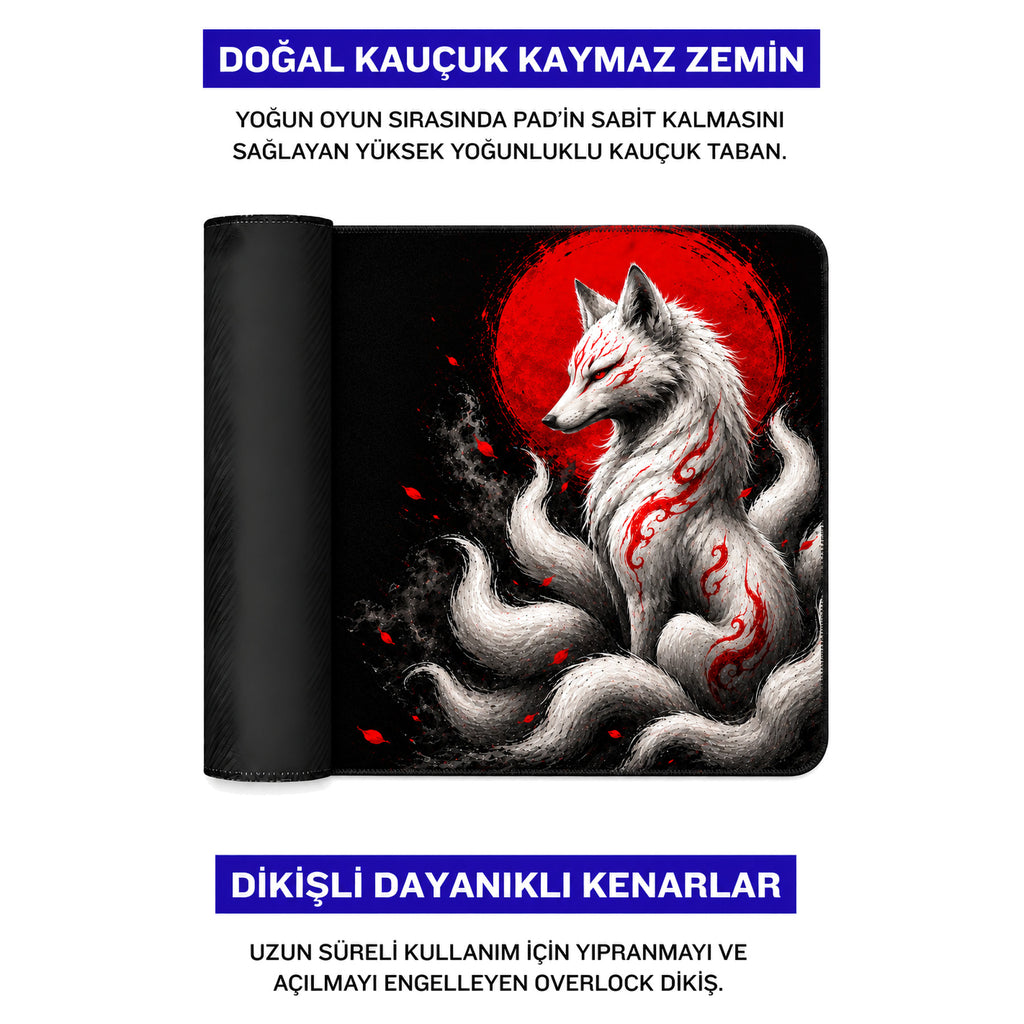 Kitsune 50x40 cm oyuncu mouse pad – doğal kauçuk kaymaz taban