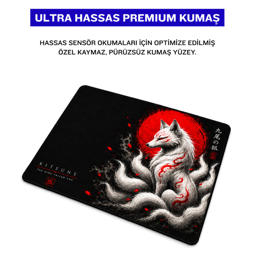 Kitsune 50x40 cm oyuncu mouse pad – premium kumaş yüzey