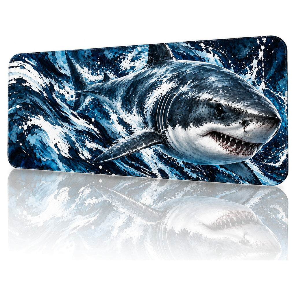 Derin Mavi köpekbalığı desenli 90x40 gaming mouse pad, lacivert-beyaz dalgalarda köpekbalığı, açılı görünüm ve dikişli kenar detayı
