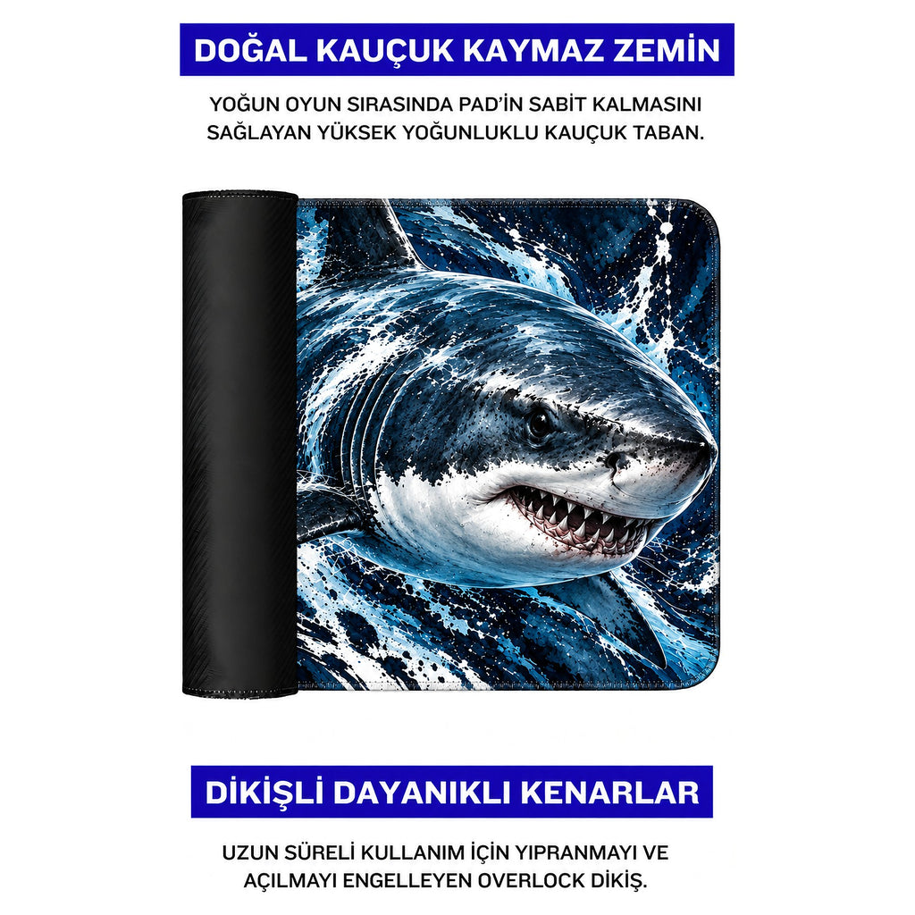 Derin Mavi köpekbalığı desenli mouse pad doğal kauçuk kaymaz taban ve dikişli kenar detayı