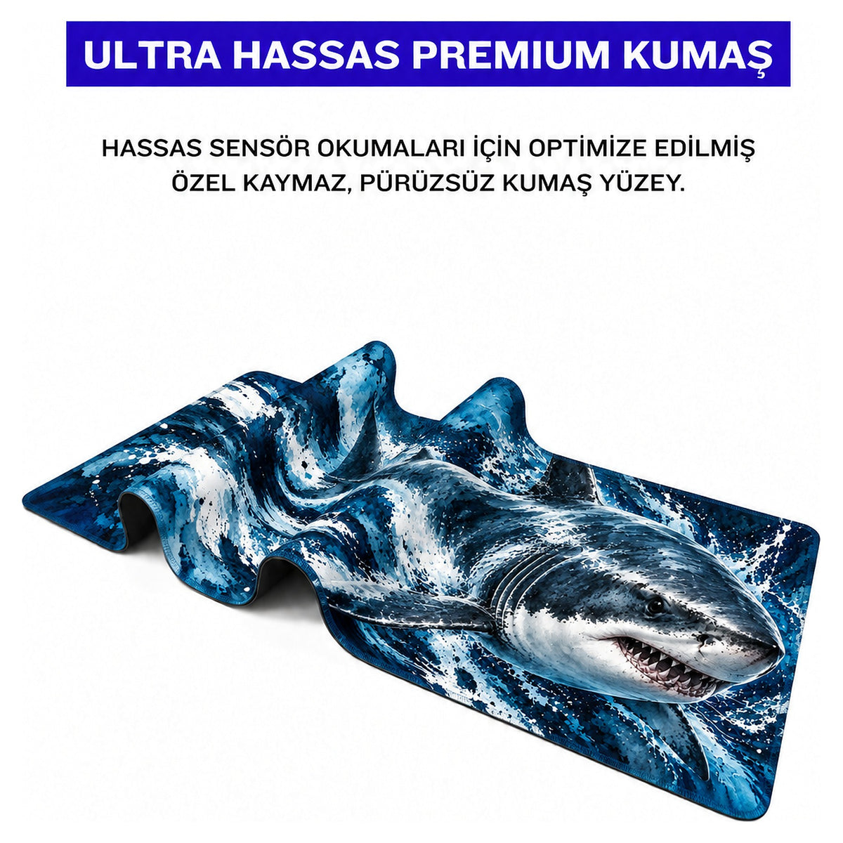 Derin Mavi köpekbalığı desenli mouse pad kumaş yüzeyi, esnek yapı ve süblimasyon baskı detayı