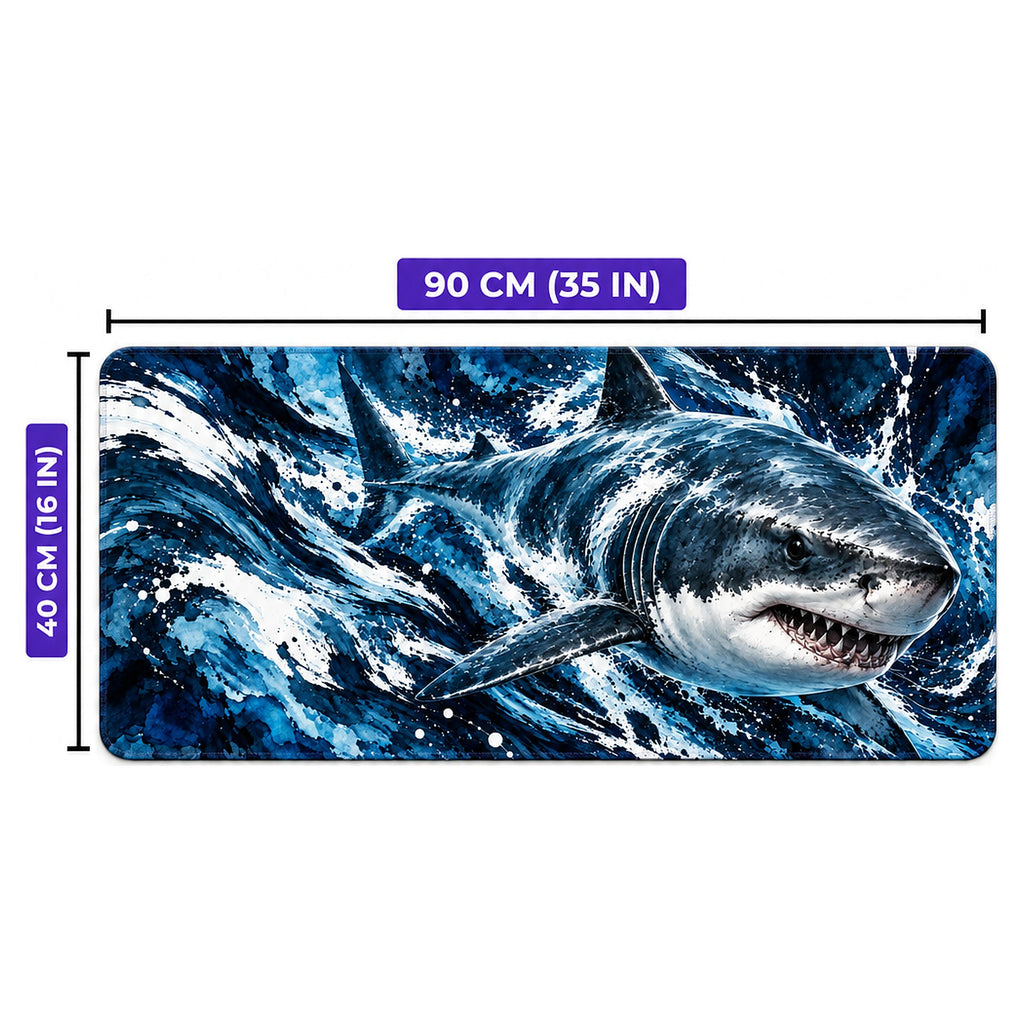 Derin Mavi köpekbalığı desenli oyuncu mouse pad ölçüleri: 90 cm x 40 cm (35 x 16 inç)