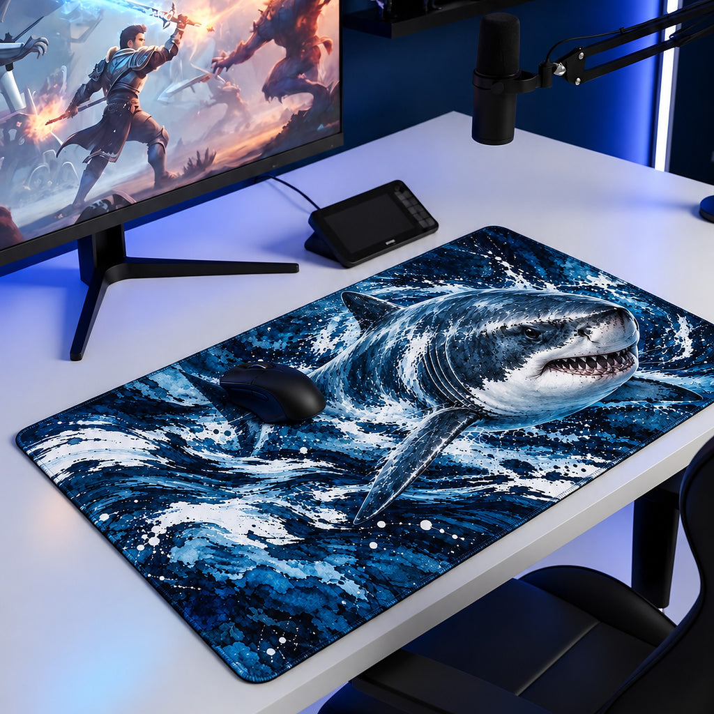 Derin Mavi köpekbalığı desenli 90x40 oyuncu mouse pad, oyun masasında monitör ve mouse ile kullanım