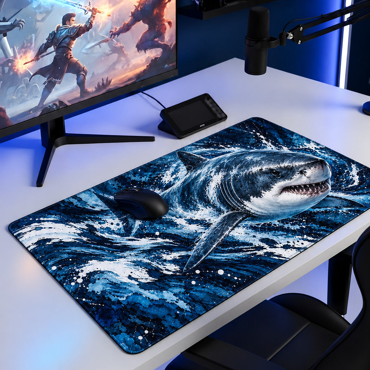 Derin Mavi köpekbalığı desenli 90x40 oyuncu mouse pad, oyun masasında monitör ve mouse ile kullanım