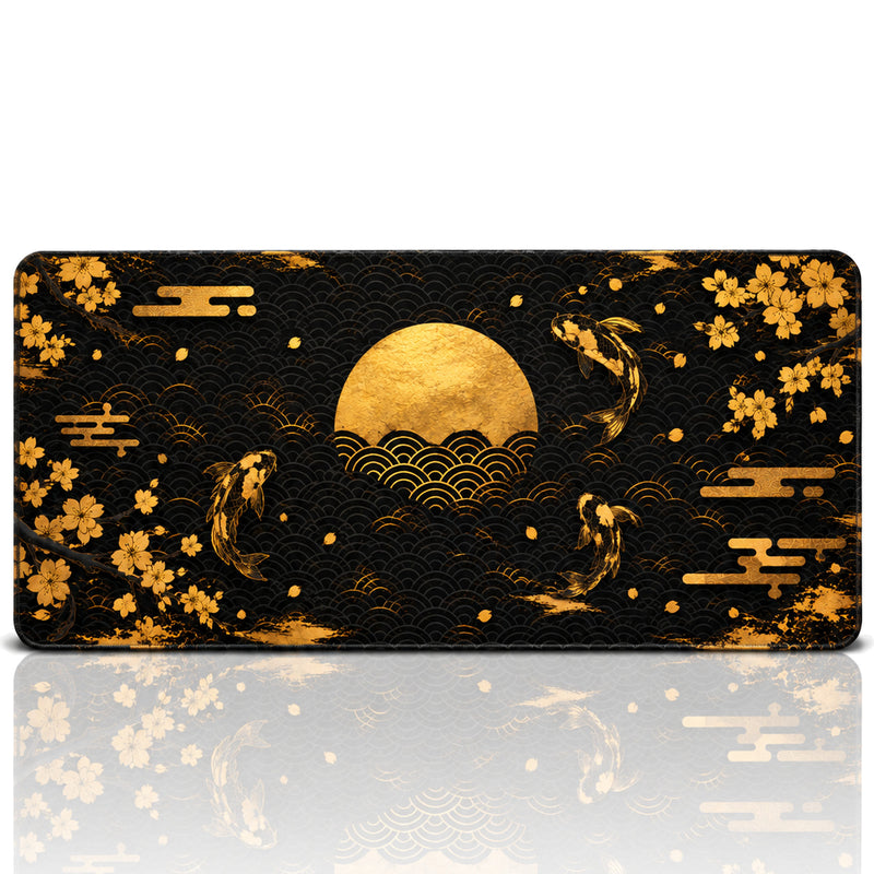 Kuroha 90x40 cm Oyuncu Mouse Pad — Siyah Altın Koi Balığı ve Güneş Desenli, XXL Gaming Mousepad, Kauçuk Taban, Dikişli Kenar