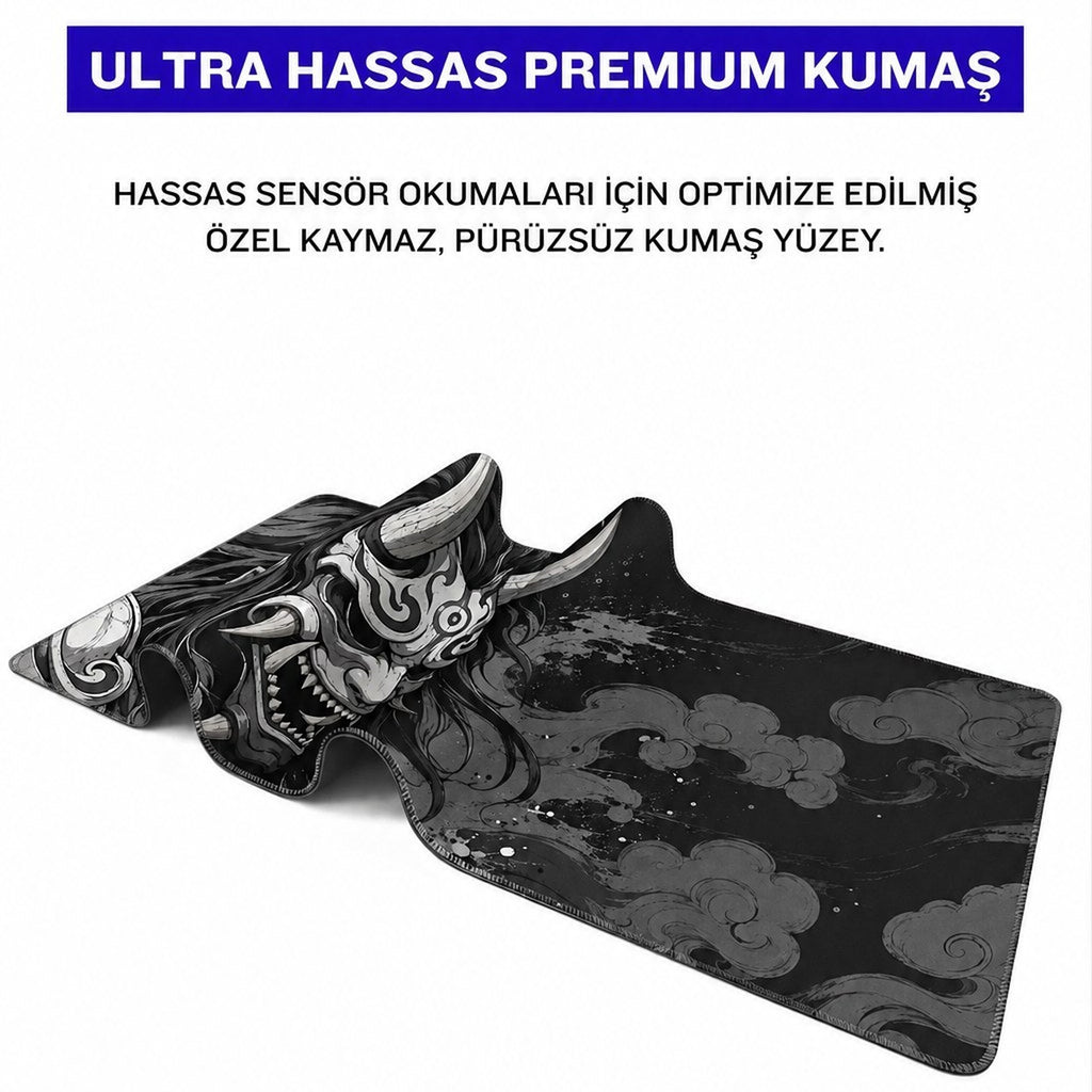 Kurovex oni maskesi mouse pad kumaş yüzey ve dikişli kenar