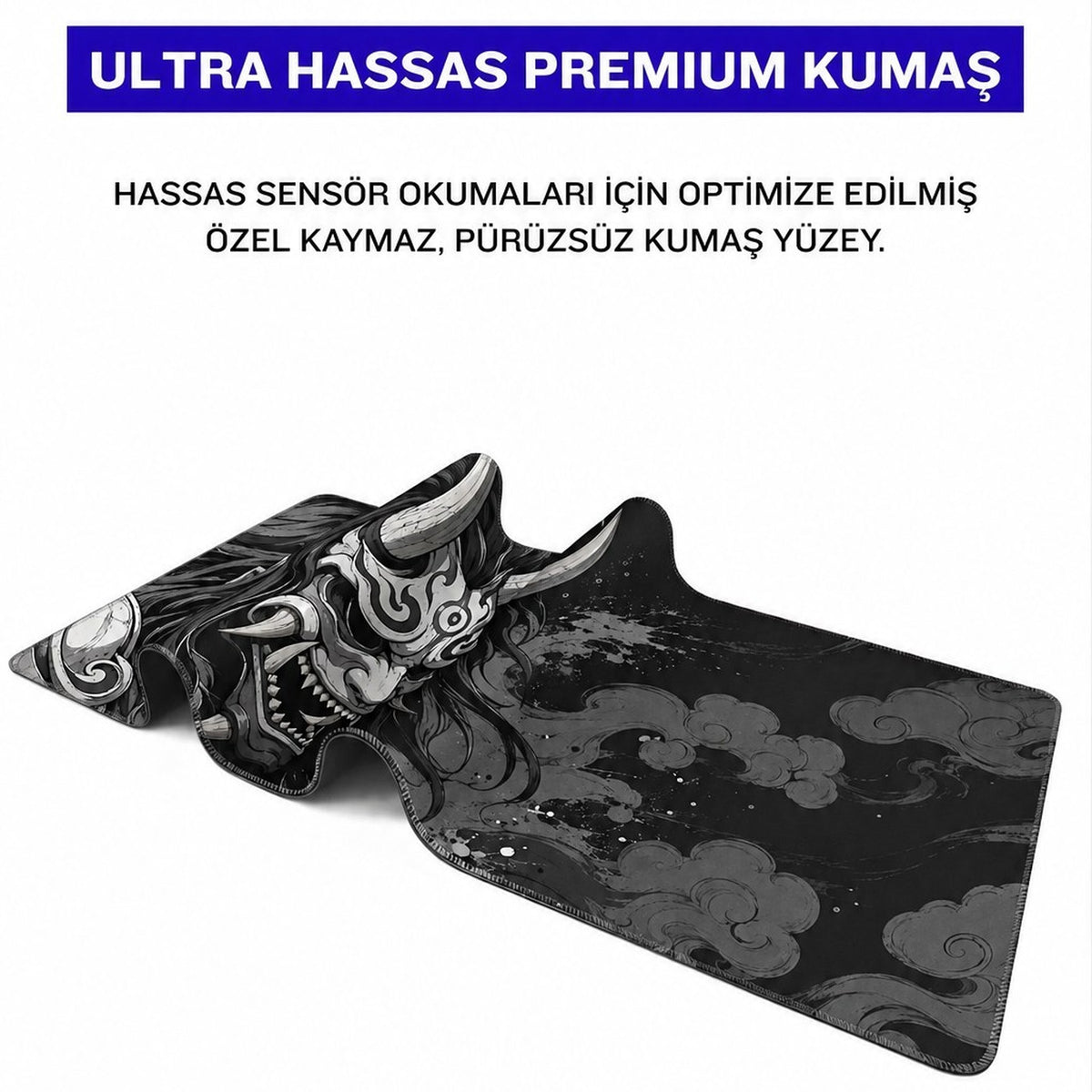 Kurovex oni maskesi mouse pad kumaş yüzey ve dikişli kenar