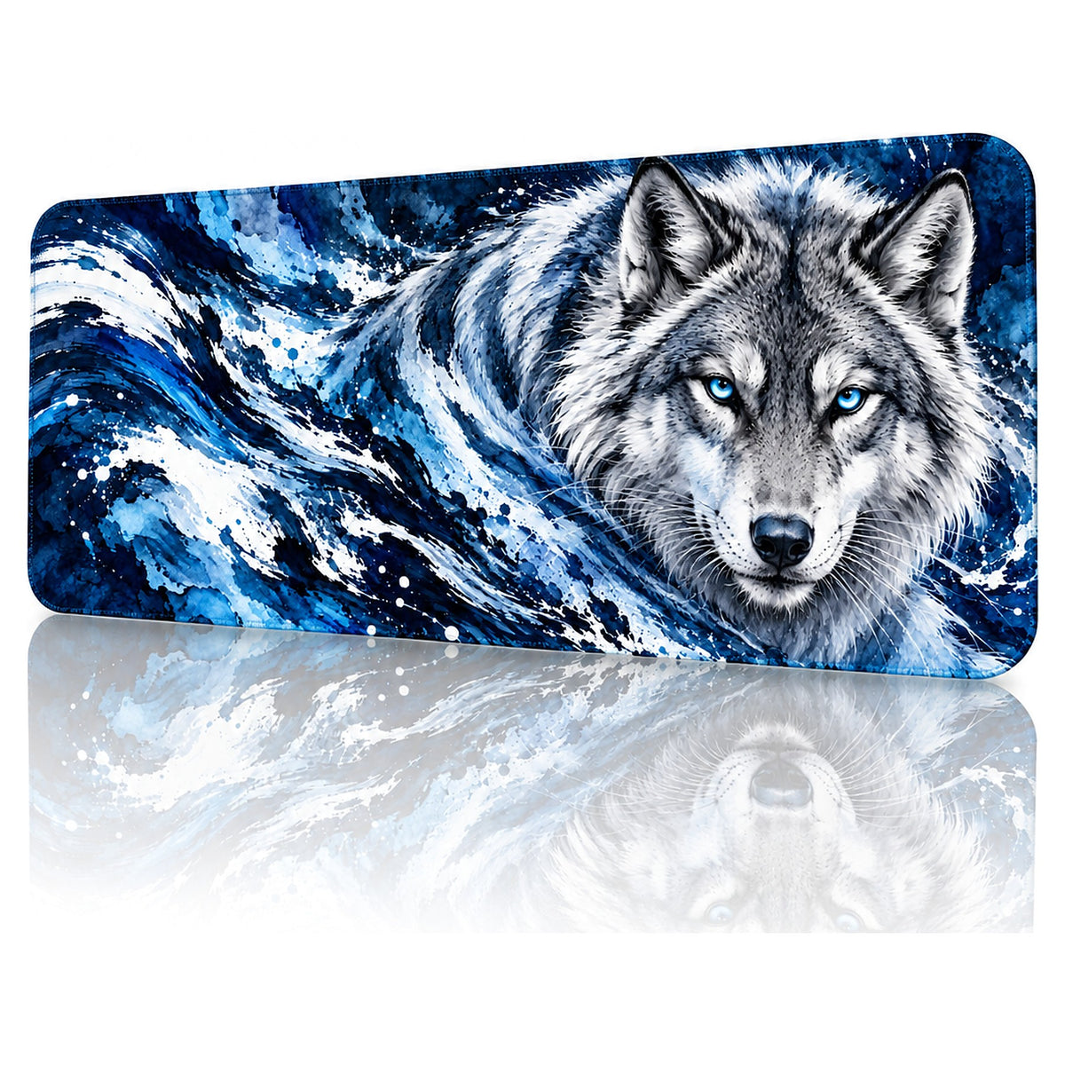 Buz Kurdu kurt desenli 90x40 gaming mouse pad, mavi-beyaz dalgalar içinde kurt, açılı görünüm ve dikişli kenar detayı