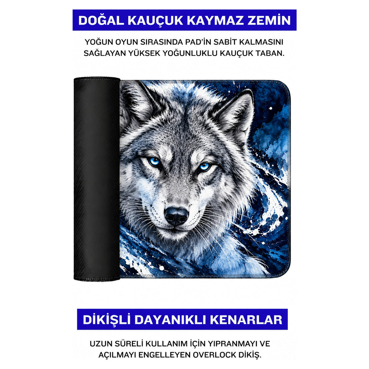 Buz Kurdu kurt desenli mouse pad doğal kauçuk kaymaz taban ve dikişli kenar detayı