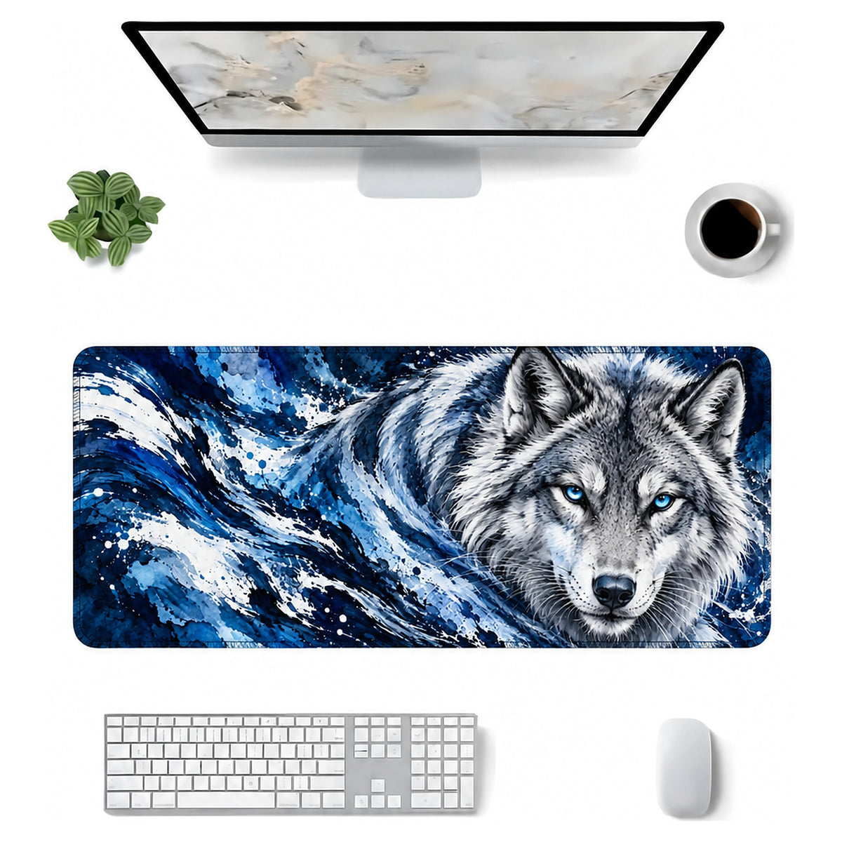 Buz Kurdu kurt desenli 90x40 mouse pad, klavye, mouse ve monitörle üstten masa düzeni