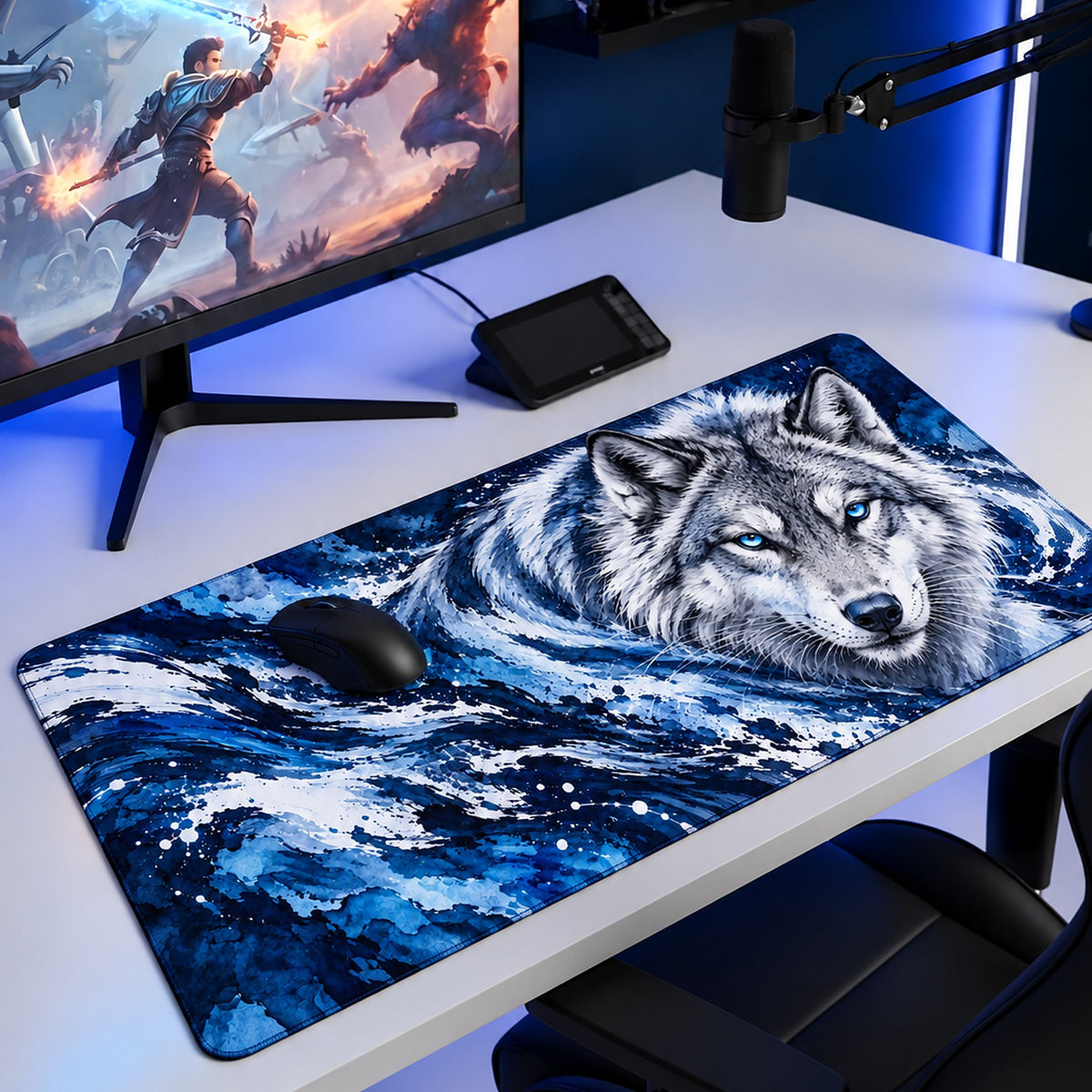 Buz Kurdu kurt desenli 90x40 oyuncu mouse pad, oyun masasında monitör ve mouse ile kullanım