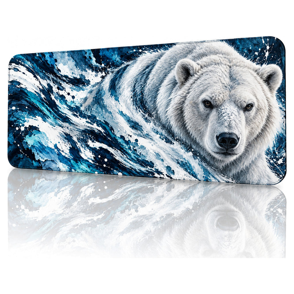 Buzul kutup ayısı desenli 90x40 gaming mouse pad, lacivert-turkuaz dalgalar içinde kutup ayısı, açılı görünüm ve dikişli kenar detayı