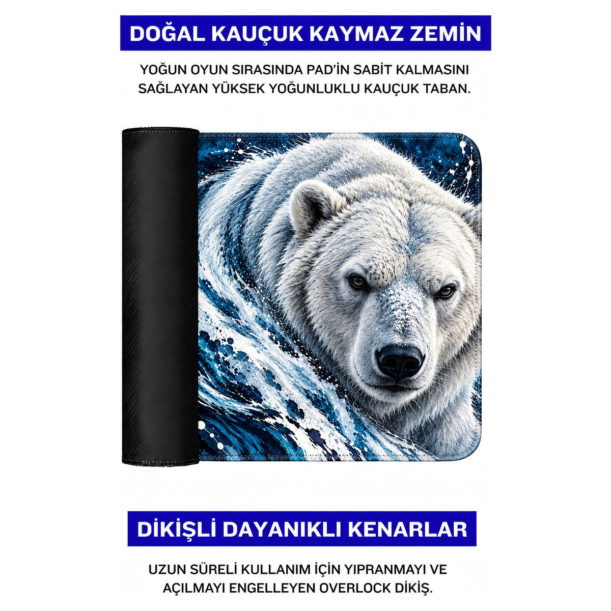Buzul kutup ayısı desenli mouse pad doğal kauçuk kaymaz taban ve dikişli kenar detayı