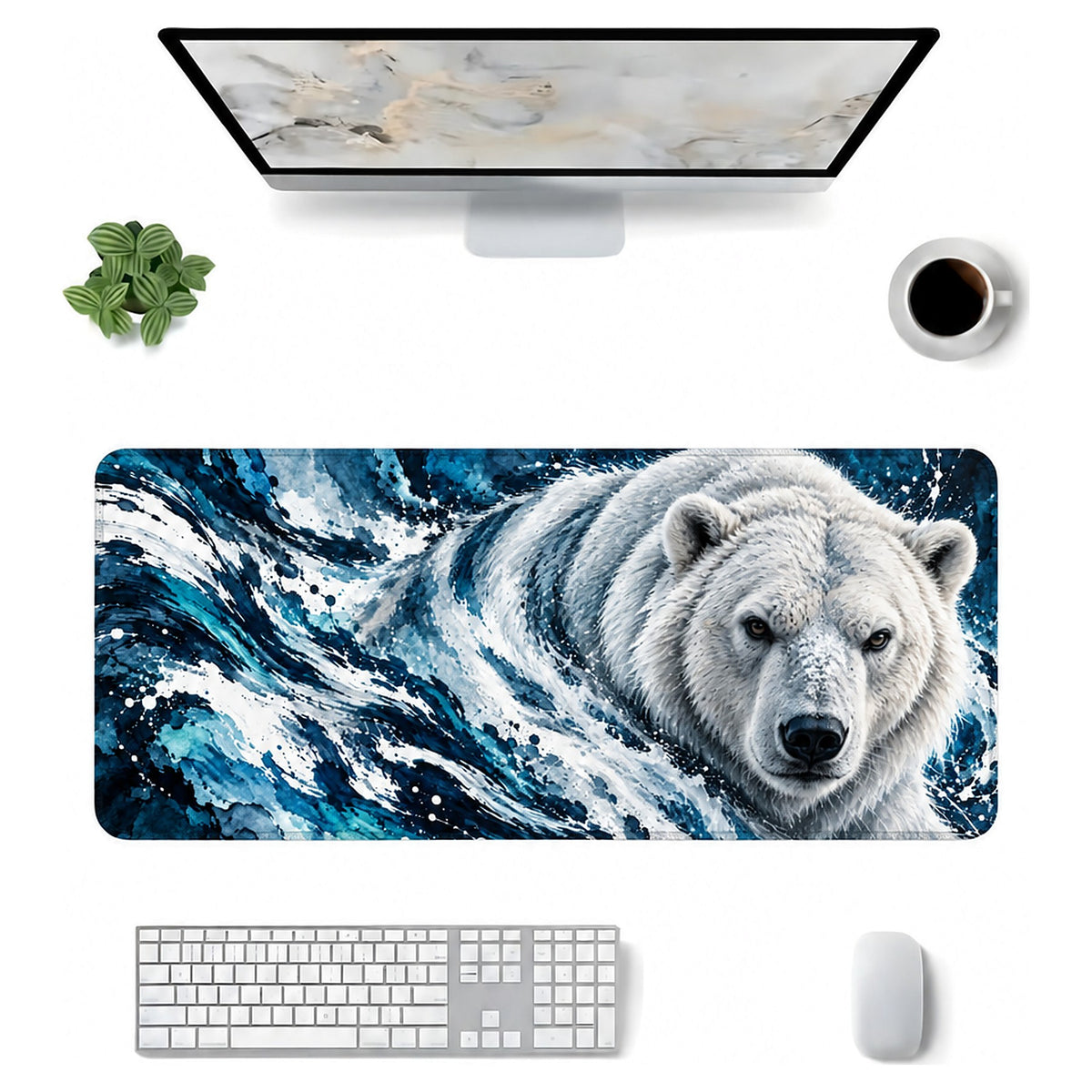 Buzul kutup ayısı desenli 90x40 mouse pad, klavye, mouse ve monitörle üstten masa düzeni