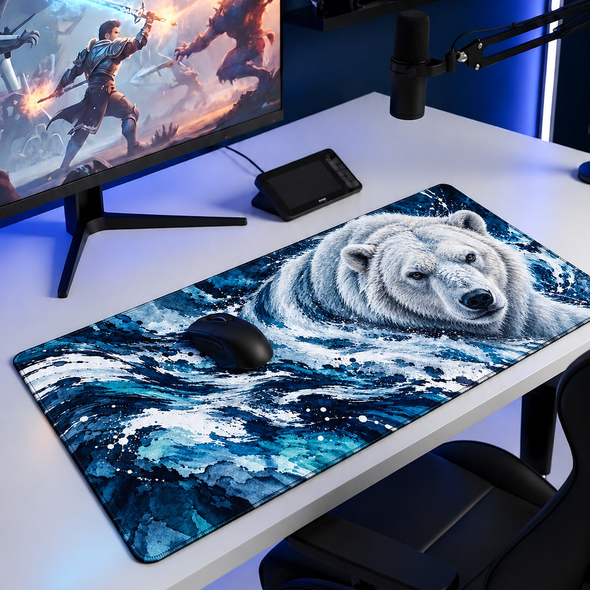 Buzul kutup ayısı desenli 90x40 oyuncu mouse pad, oyun masasında monitör ve mouse ile kullanım