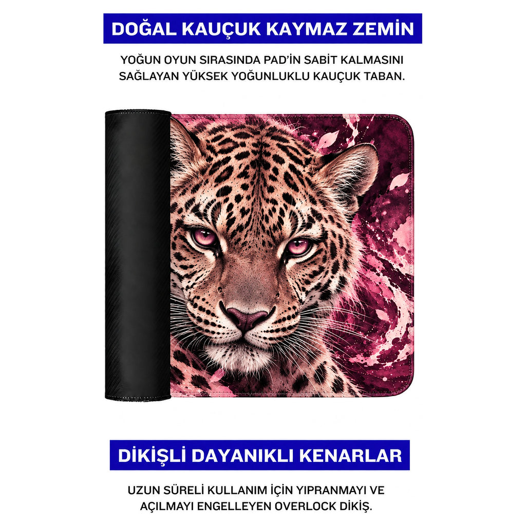 Pembe Leopar desenli mouse pad doğal kauçuk kaymaz taban ve dikişli kenar detayı