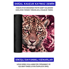 Pembe Leopar desenli mouse pad doğal kauçuk kaymaz taban ve dikişli kenar detayı