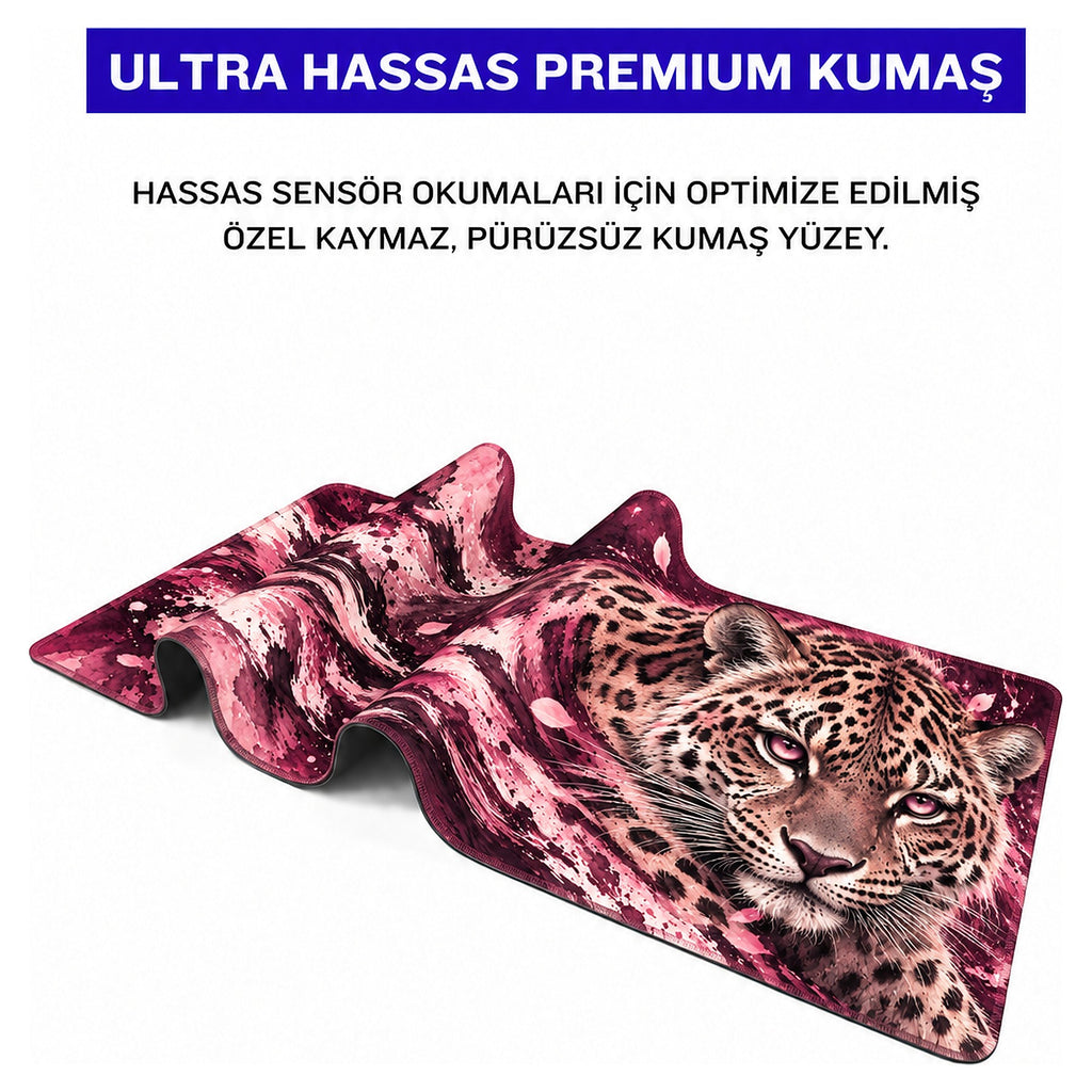 Pembe Leopar desenli mouse pad kumaş yüzeyi, esnek yapı ve süblimasyon baskı detayı