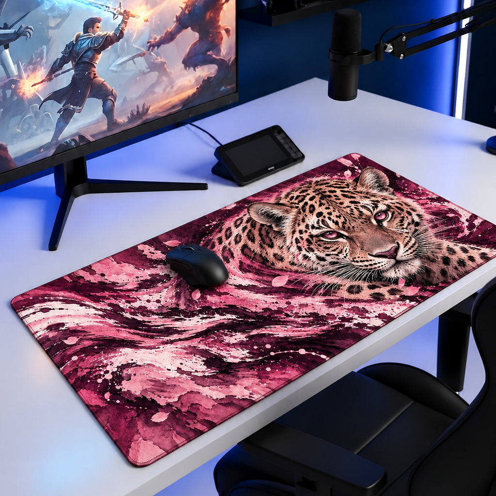 Pembe Leopar desenli 90x40 oyuncu mouse pad, oyun masasında monitör ve mouse ile kullanım