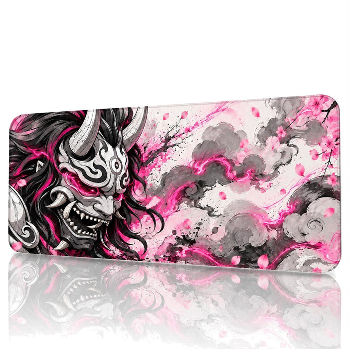 Oni Maskesi 90x40 cm Pembe Oyuncu Mouse Pad — Sakura Serisi, Japon Temalı XXL Gaming Mousepad, Kauçuk Taban, Dikişli Kenar