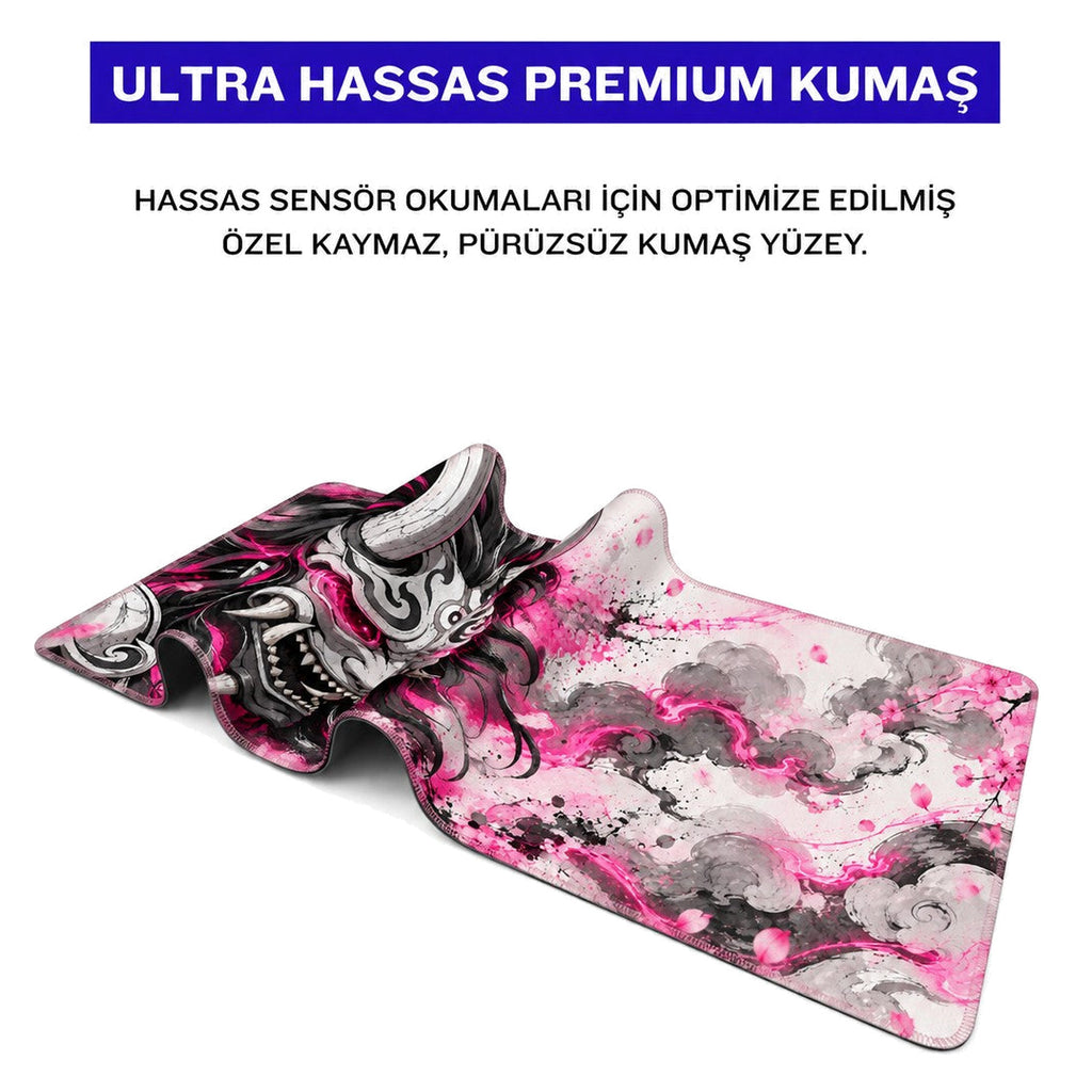 Oni Maskesi Pembe oyuncu mouse pad – premium kumaş yüzey