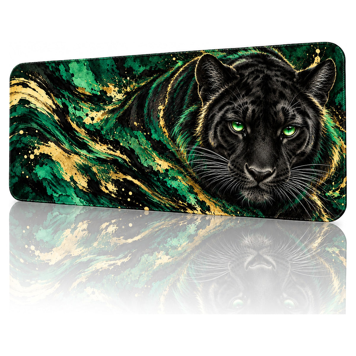 Zümrüt Panter desenli 90x40 gaming mouse pad, zümrüt yeşili-altın dalgalarda kara panter, açılı görünüm ve dikişli kenar detayı