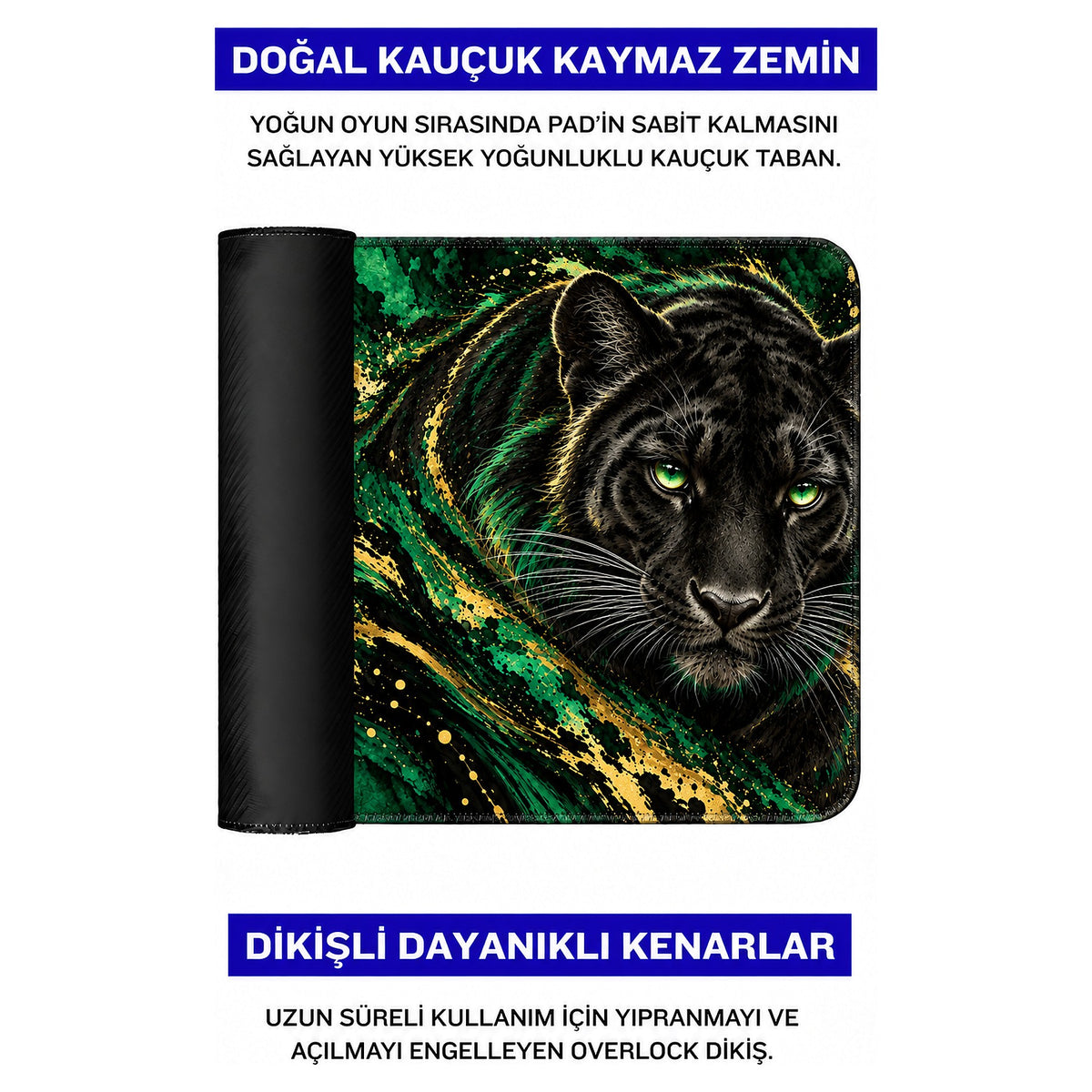 Zümrüt Panter desenli mouse pad doğal kauçuk kaymaz taban ve dikişli kenar detayı