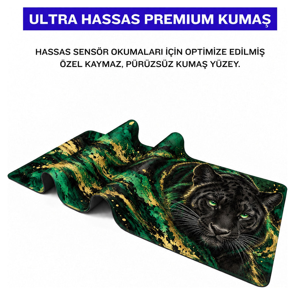 Zümrüt Panter desenli mouse pad kumaş yüzeyi, esnek yapı ve süblimasyon baskı detayı