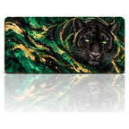 Zümrüt Panter desenli 90x40 oyuncu mouse pad, zümrüt yeşili-altın dalgalarda kara panter, önden görünüm