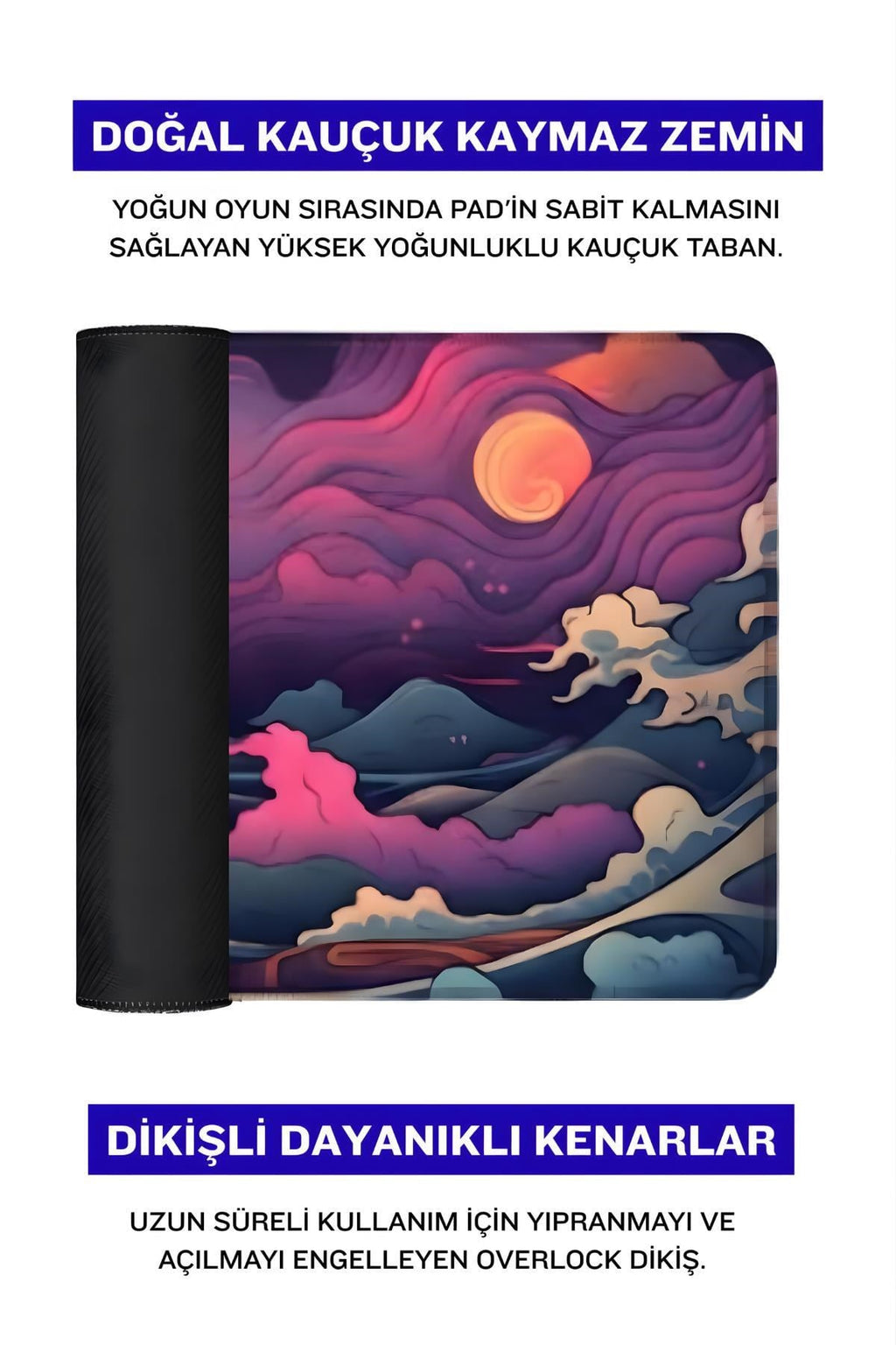 Renkli Japon Dalgası 70x30 cm gaming mouse pad dikişli kenar detayı