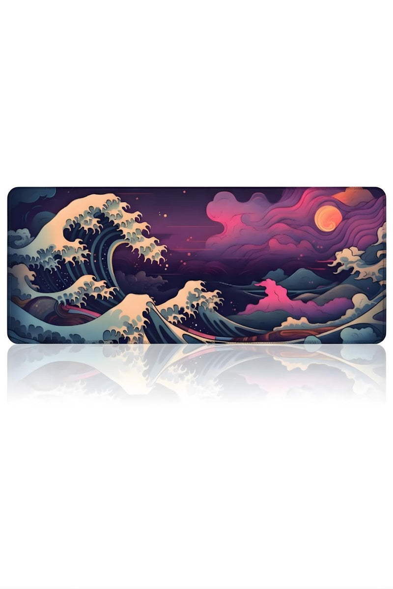 Renkli Japon Dalgası 70x30 cm Oyuncu Mouse Pad — XL Gaming Mousepad, Kaymaz Kauçuk Taban, Dikişli Kenar