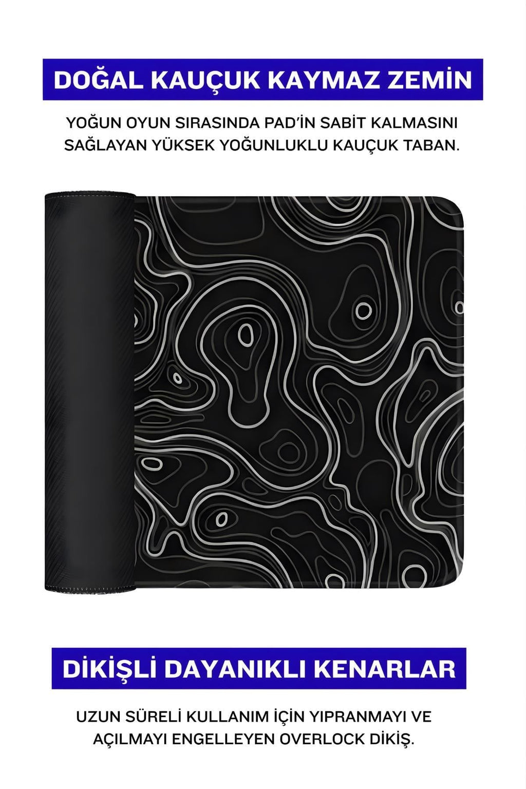 Siyah Typography 90x40 cm gaming mouse pad dikişli kenar detayı