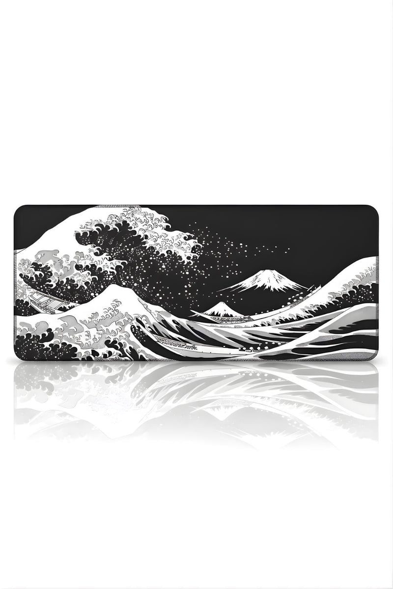 Siyah Japon Dalgası 90x40 cm Oyuncu Mouse Pad — XXL Gaming Mousepad, Kaymaz Kauçuk Taban, Dikişli Kenar