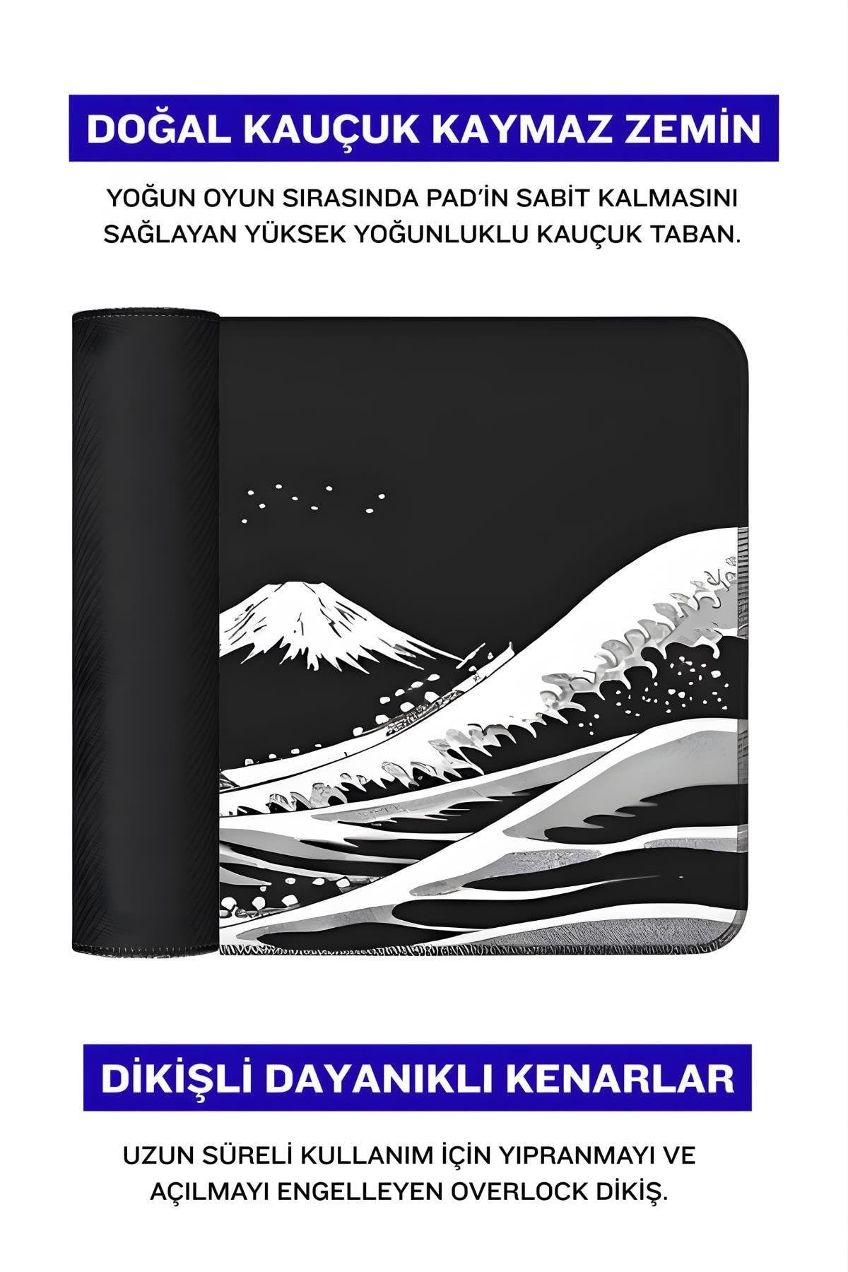 Siyah Japon Dalgası 90x40 cm gaming mouse pad dikişli kenar detayı
