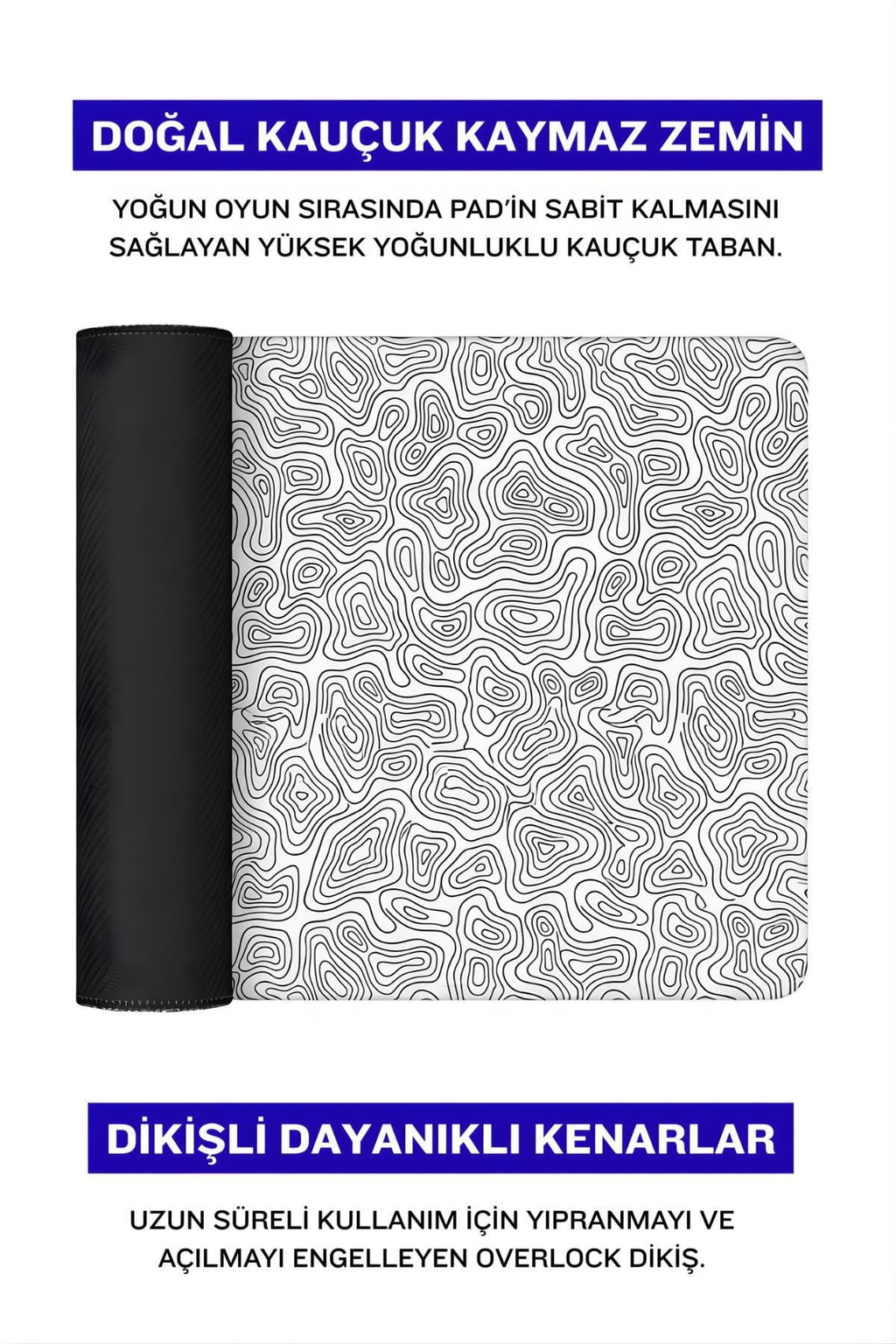 Beyaz Typography 90x40 cm gaming mouse pad dikişli kenar detayı
