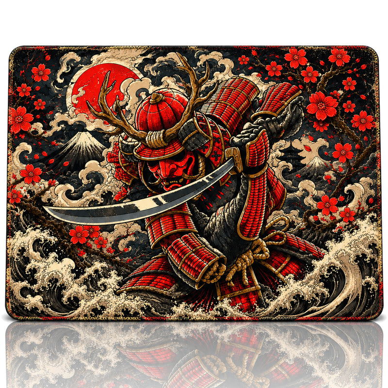 Red Tide 50x40 cm Oyuncu Mouse Pad — Japon Dalgaları Üzerinde Kırmızı Samuray, Ukiyo-e Tarzı, Kauçuk Taban, Dikişli Kenar