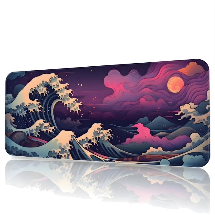 Renkli Japon Dalgası 90x40 cm Oyuncu Mouse Pad — XXL Gaming Mousepad, Kaymaz Kauçuk Taban, Dikişli Kenar