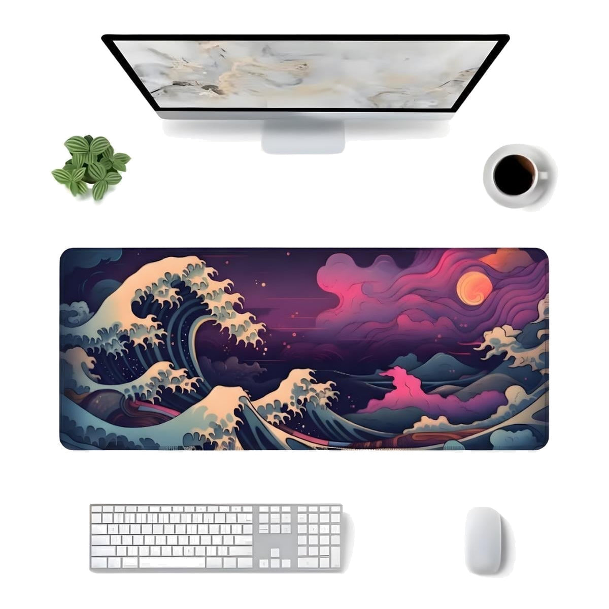 Renkli Japon Dalgası oyuncu mouse pad – masa üstü kullanım görünümü