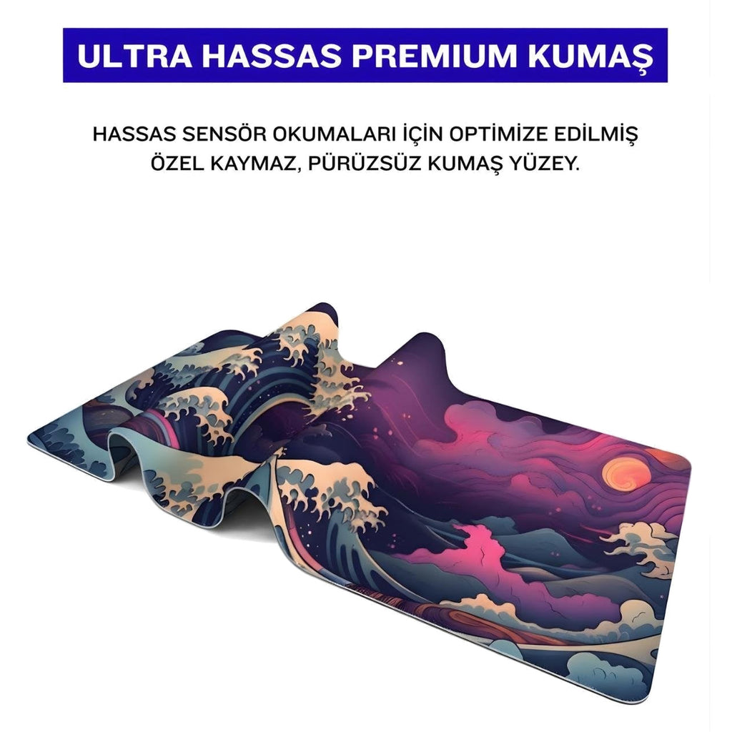 Renkli Japon Dalgası oyuncu mouse pad – premium kumaş yüzey
